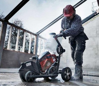 Concrete cutting machine in operation
