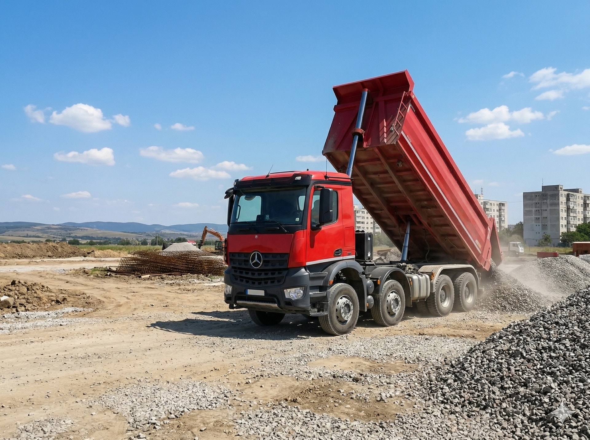 Red tipper truck unloading gravel on a construction site